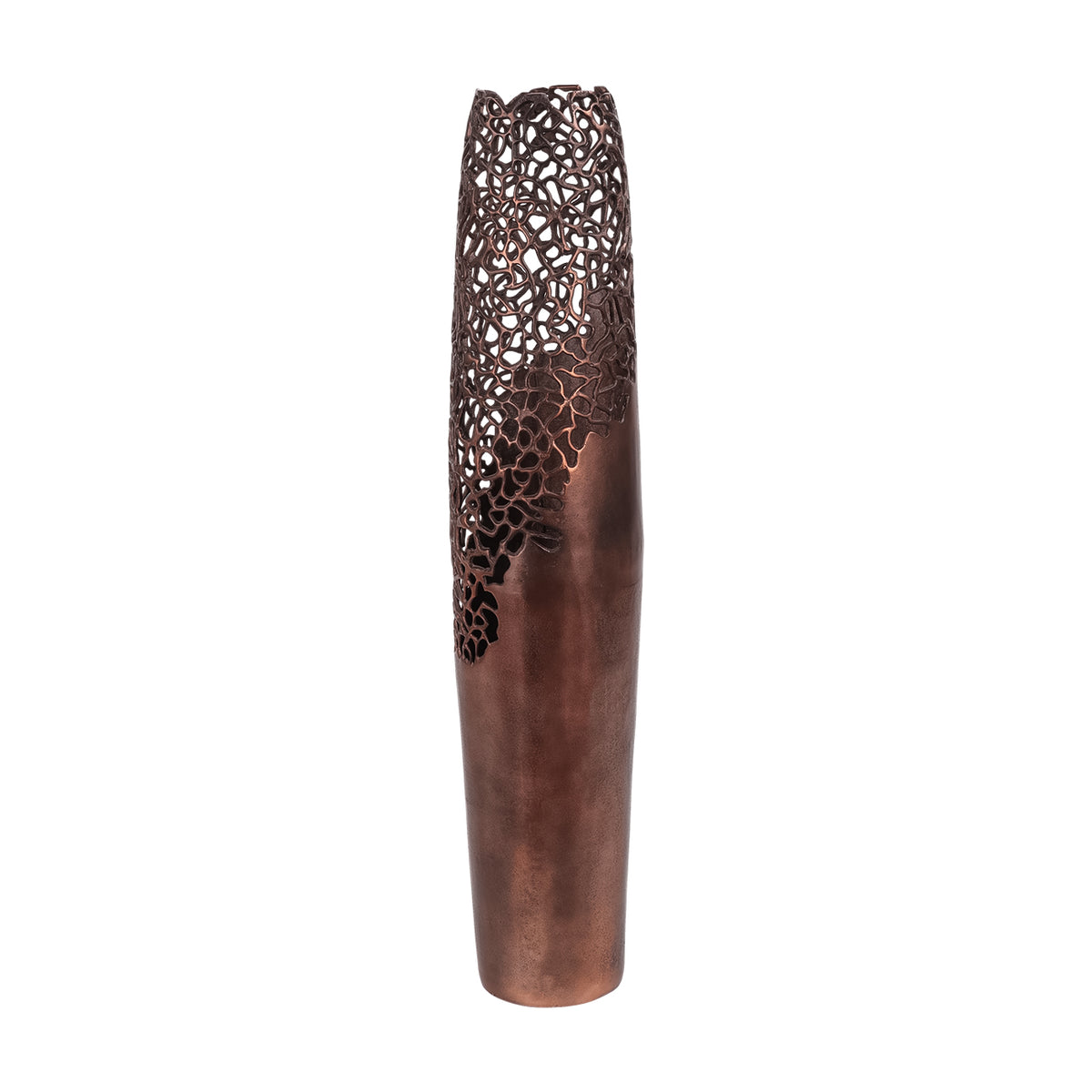 Tall bronze vase with a narrow base and coral-like openwork extending from the rim down one side.
