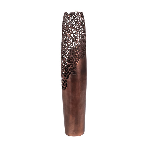 Tall bronze vase with a narrow base and coral-like openwork extending from the rim down one side.