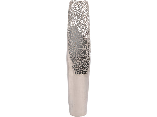 Tall silver vase on a white background, with a gently tapering body, smooth lower section and irregular branching openwork at the top.