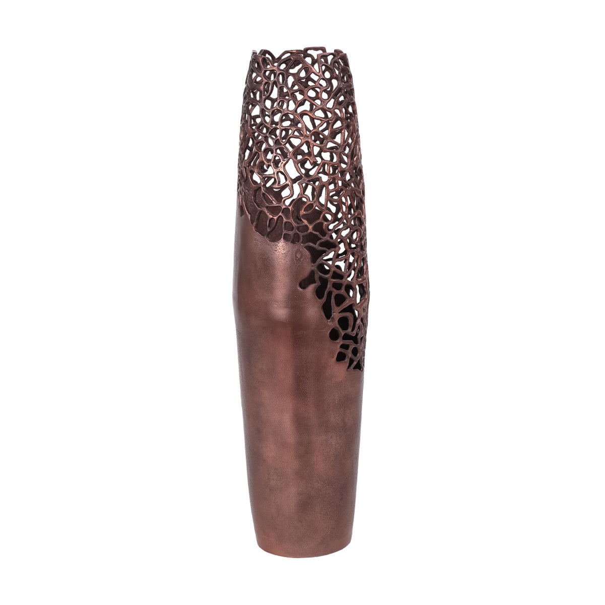 Tall bronze vase with a solid lower body and branching openwork extending down the right side.