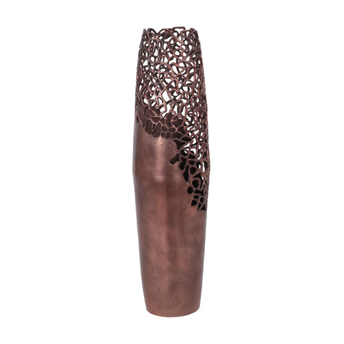 Tall bronze vase with a solid lower body and branching openwork extending down the right side.