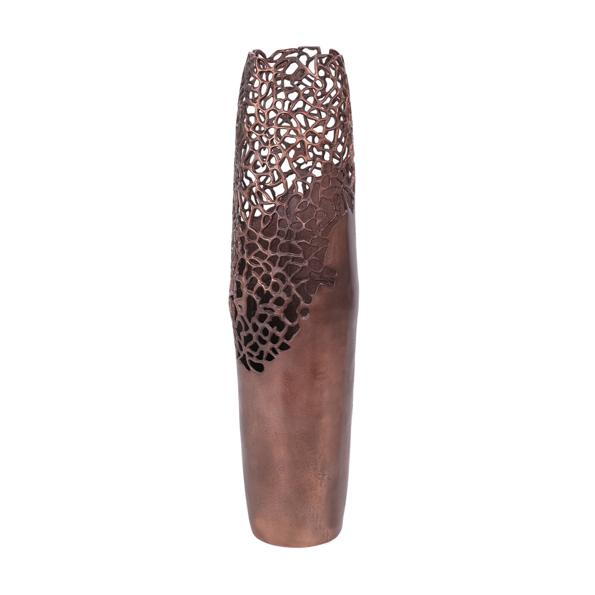 Alternate view of the bronze vase, with irregular perforations sweeping down the left side.