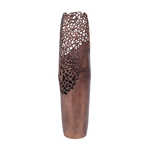 Alternate view of the bronze vase, with irregular perforations sweeping down the left side.