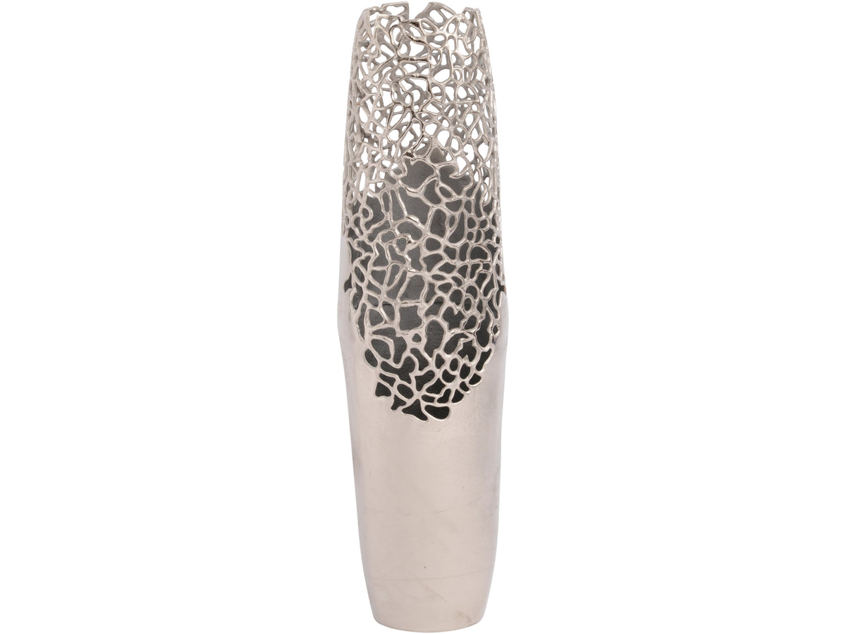 Full view of a slender silver vase with coral-like openwork, an uneven crown and a solid lower body tapering to a rounded foot.