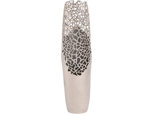 Full view of a slender silver vase with coral-like openwork, an uneven crown and a solid lower body tapering to a rounded foot.