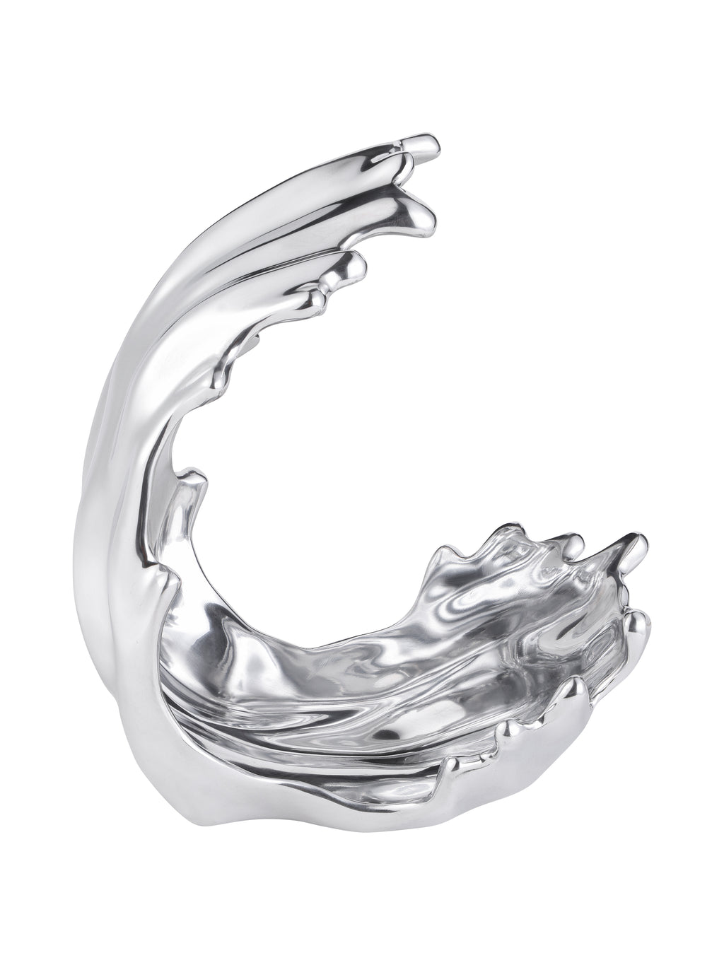 Silver wave sculpture on a white background, with a tall curling crest and rippled lower section.