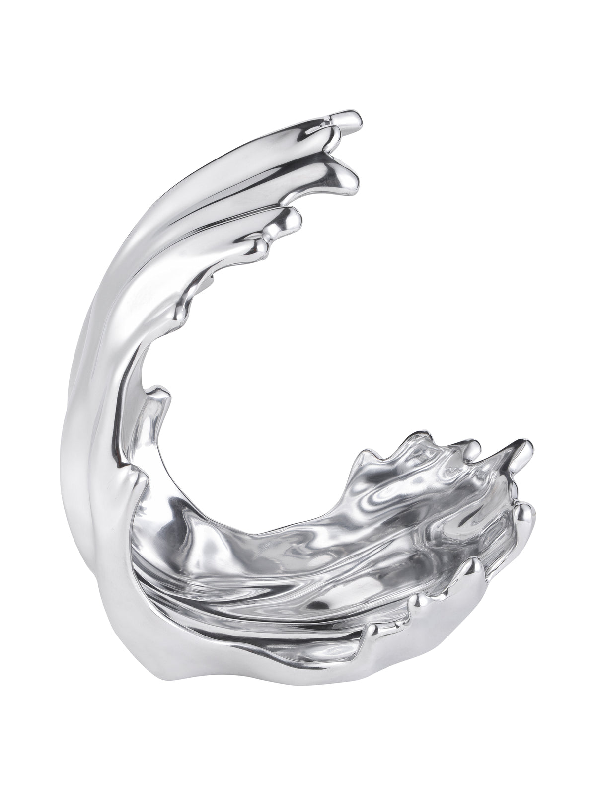 Silver wave sculpture on a white background, with a tall curling crest and rippled lower section.
