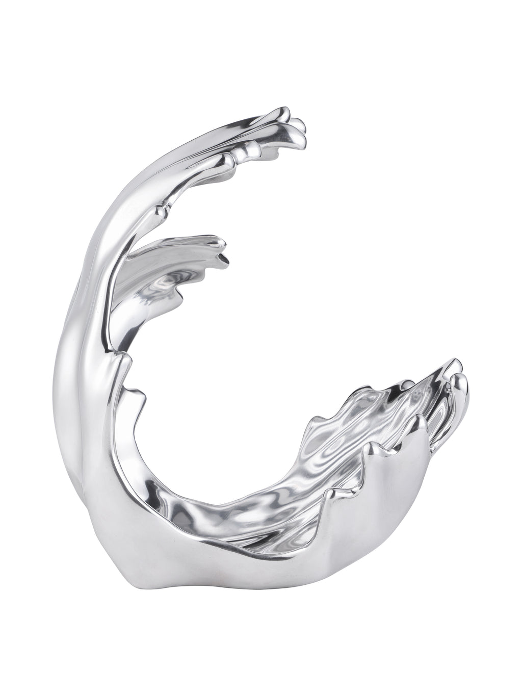 Side view of the polished silver wave sculpture, showing its curved outer edge and open centre.