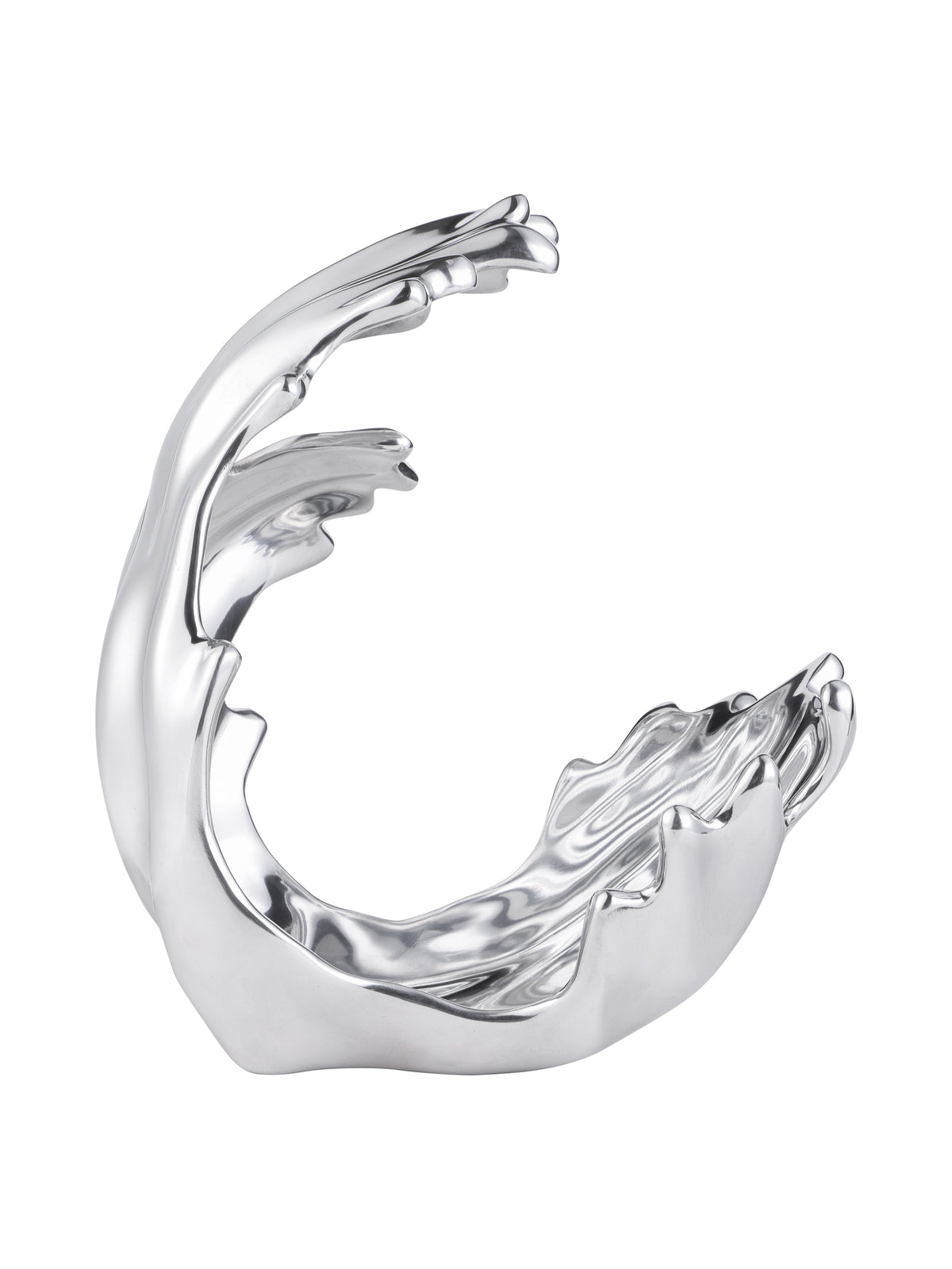 Side view of the polished silver wave sculpture, showing its curved outer edge and open centre.