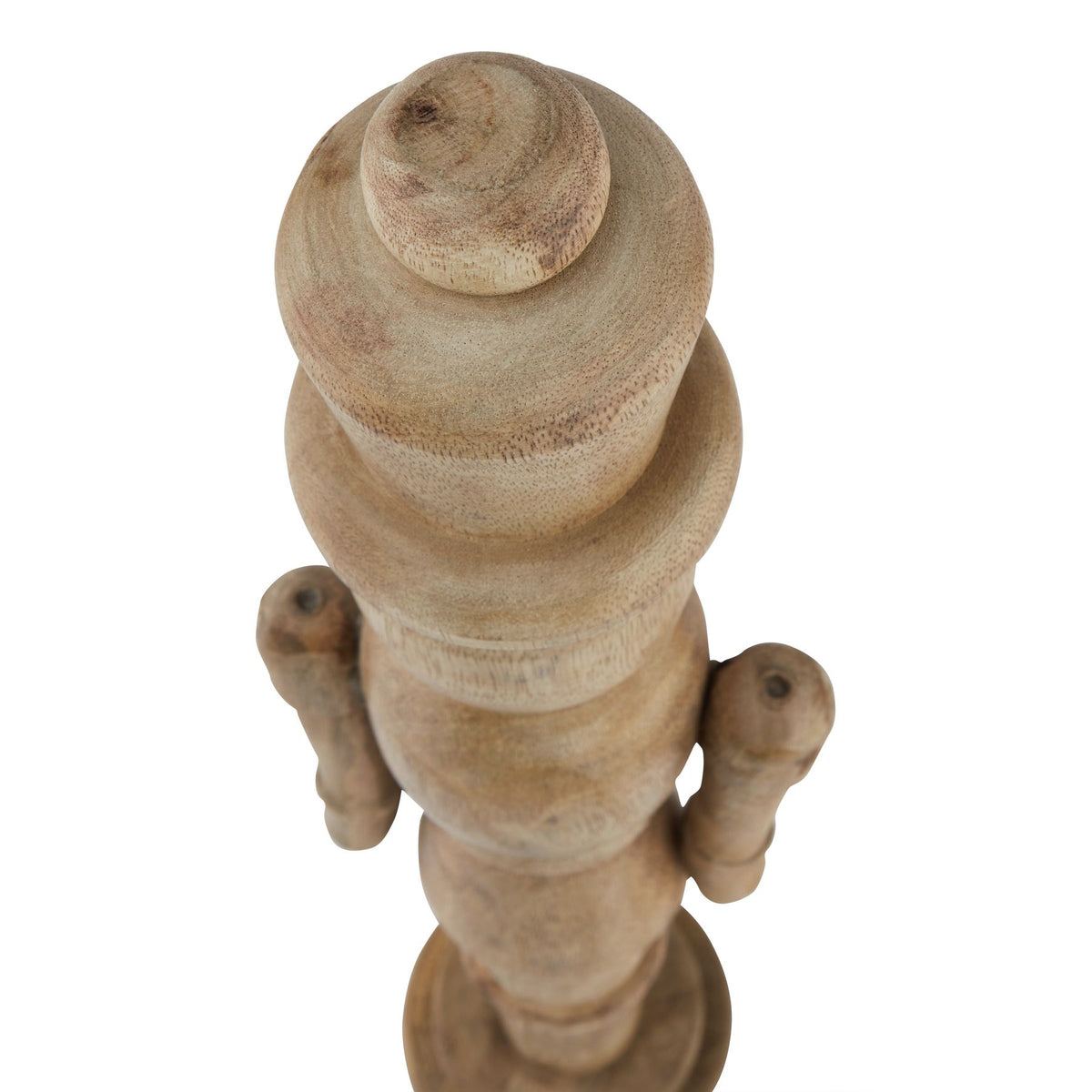 View from above showing the ornament's rounded hat top, broad brim and brown grain markings.