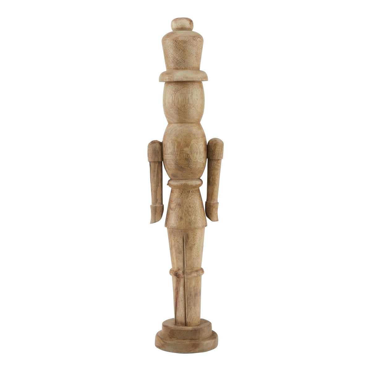 Full view of the brown nutcracker-style ornament with a tall brimmed hat, plain oval face, long arms and stepped round base.