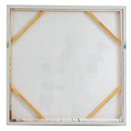 Rear view of the square artwork, showing a pale canvas back, diagonal corner braces and two loop fittings on the sides.