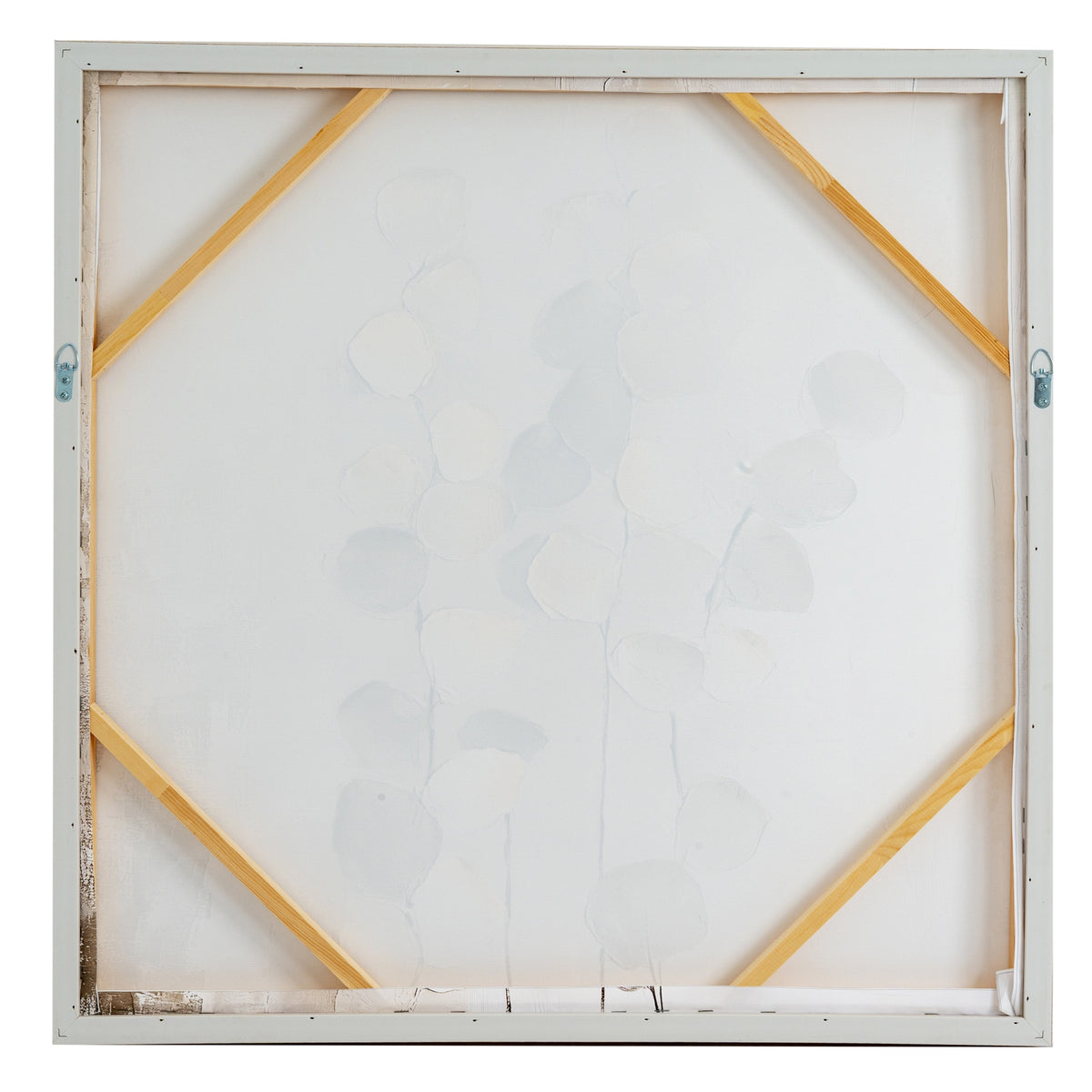 Rear view of the square artwork, showing a pale canvas back, diagonal corner braces and two loop fittings on the sides.
