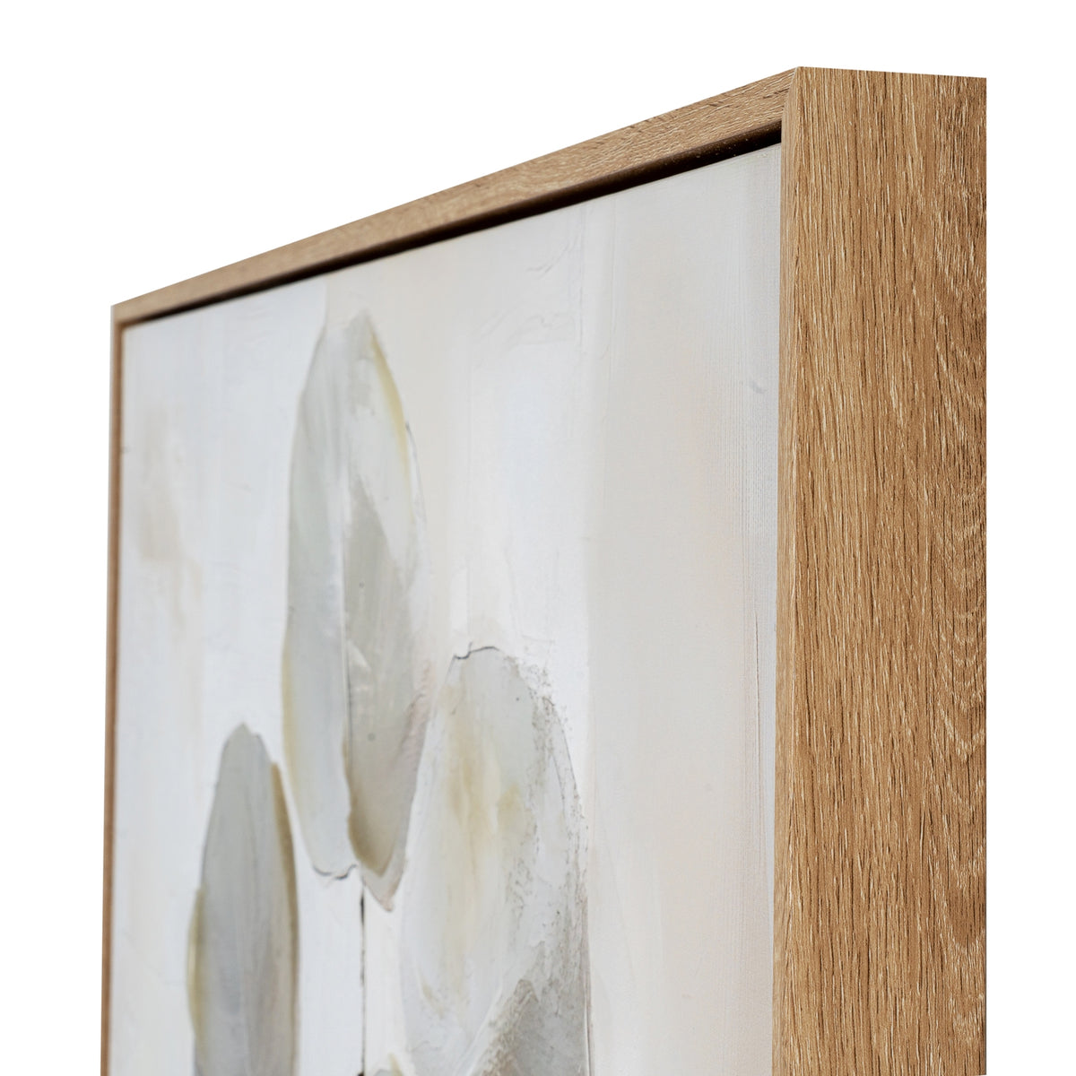 Angled close-up of the artwork's upper right corner, showing the brown grain-patterned frame beside pale leaf forms.