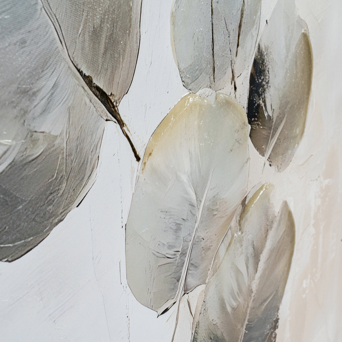 Close-up of grey and cream leaf forms with fine dark veins, visible canvas texture and glossy raised edges.