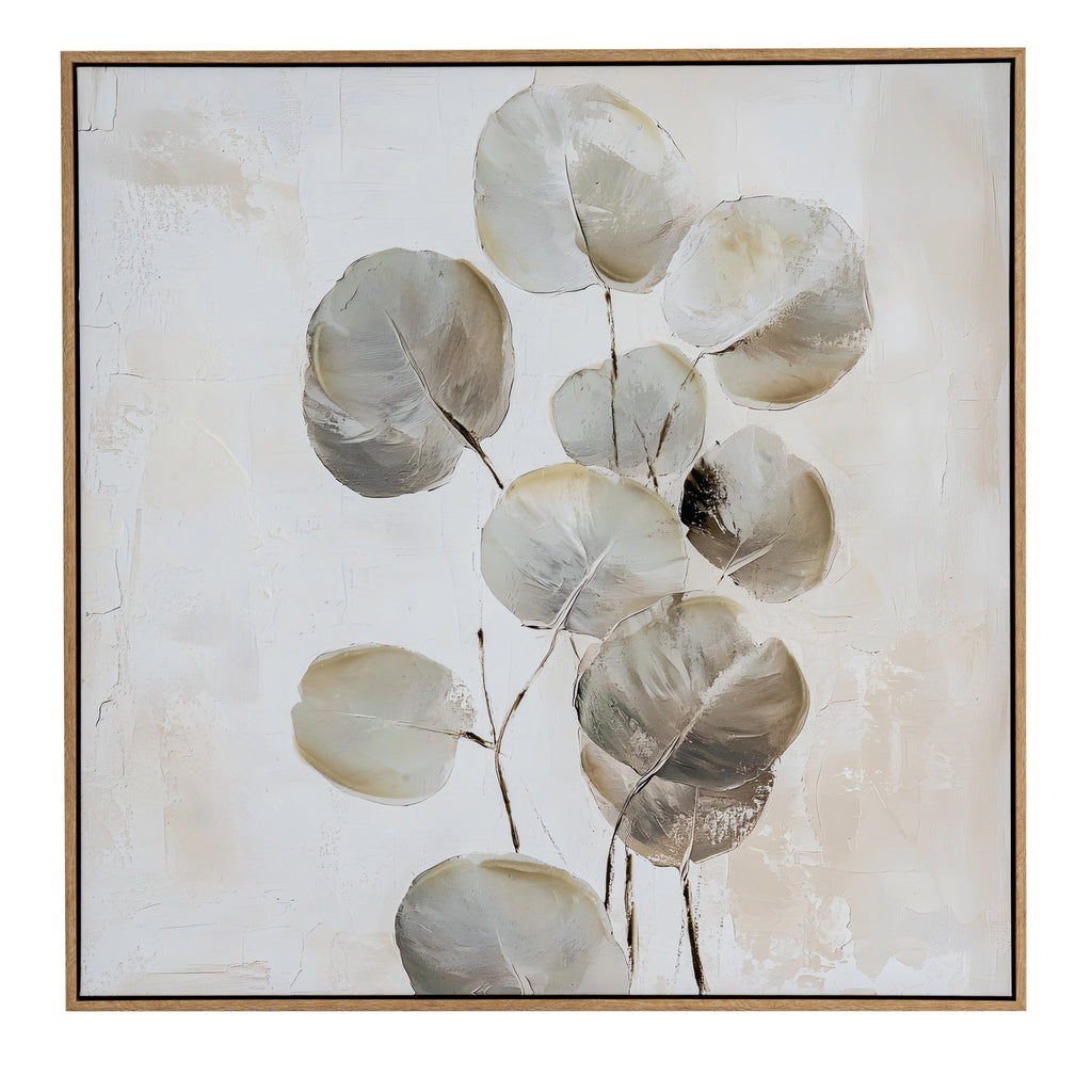 Front view of square artwork with rounded grey and cream leaves on dark stems, a pale textured background and a warm brown frame.