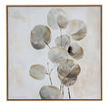 Front view of square artwork with rounded grey and cream leaves on dark stems, a pale textured background and a warm brown frame.