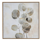 Front view of square artwork with rounded grey and cream leaves on dark stems, a pale textured background and a warm brown frame.