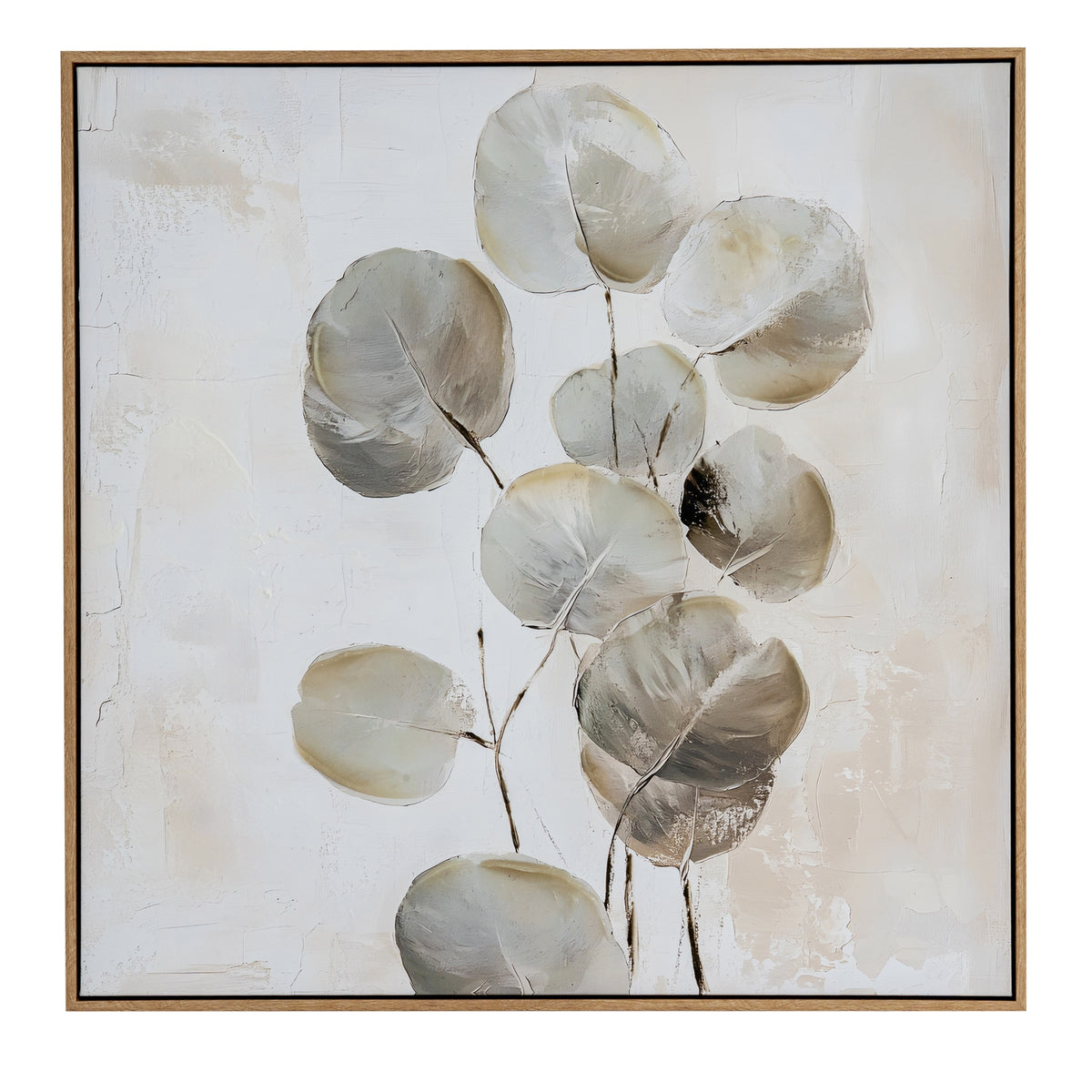Front view of square artwork with rounded grey and cream leaves on dark stems, a pale textured background and a warm brown frame.