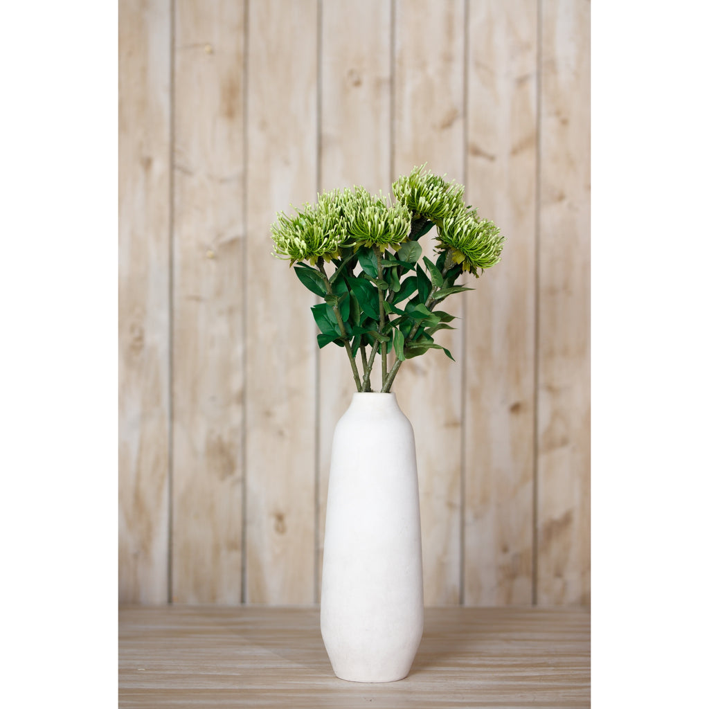 Green protea stems displayed in a tall white vase on a wooden surface in front of pale timber panelling.