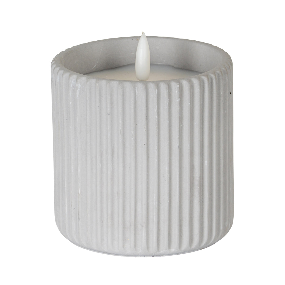 Pale grey cylindrical LED candle with vertical ribs, an inset pale top and a white flame-shaped detail against a white background.