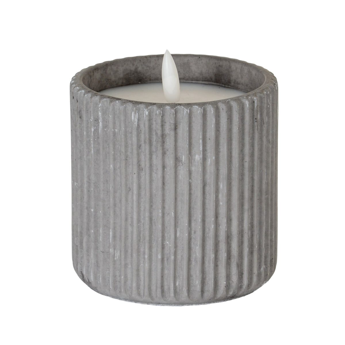 Grey cylindrical LED candle with broad vertical ribs, pale surface markings and a white flame-shaped element above the inset top.