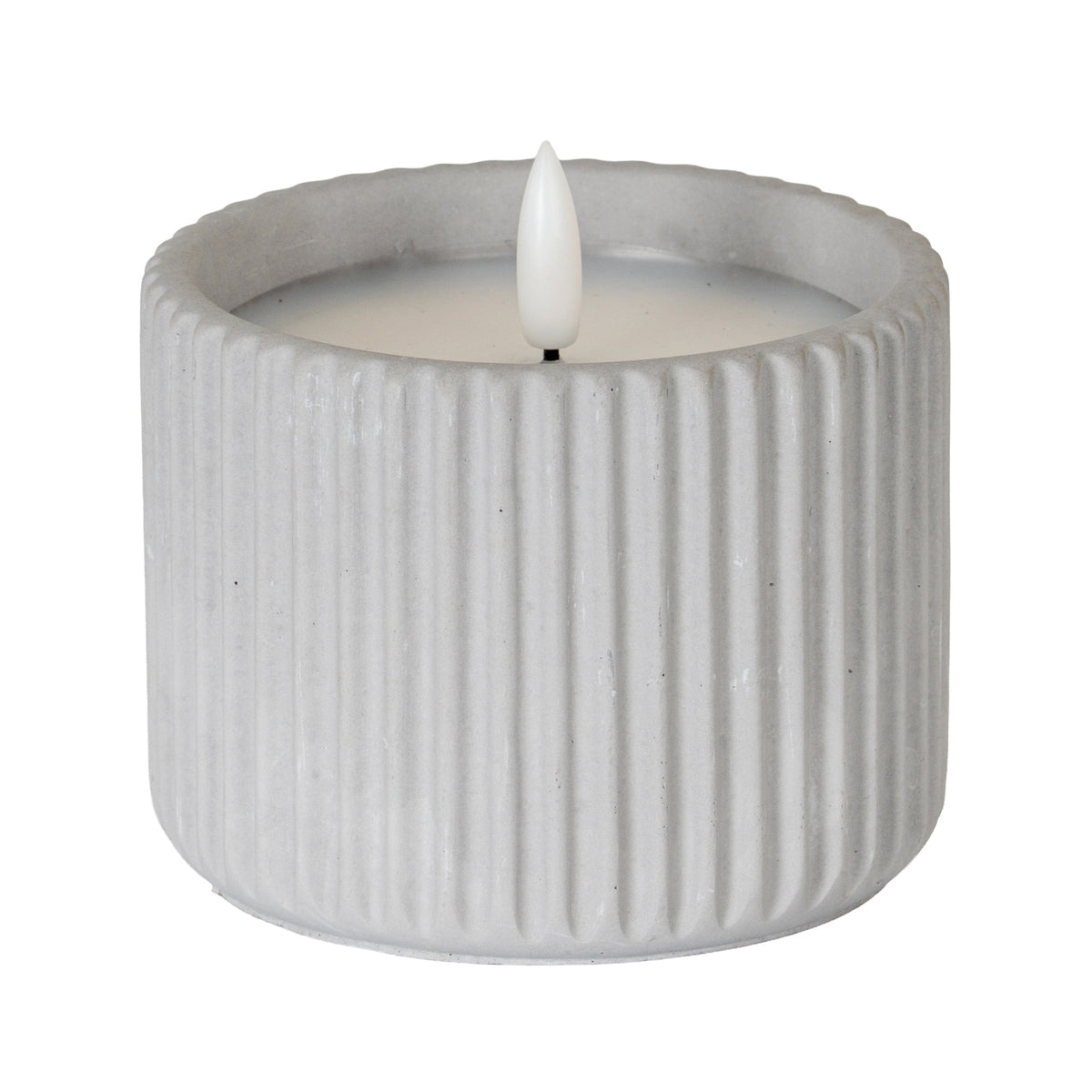 Pale grey cylindrical LED candle with broad vertical ribs, an inset pale top and a white flame-shaped centre on a short dark stem.