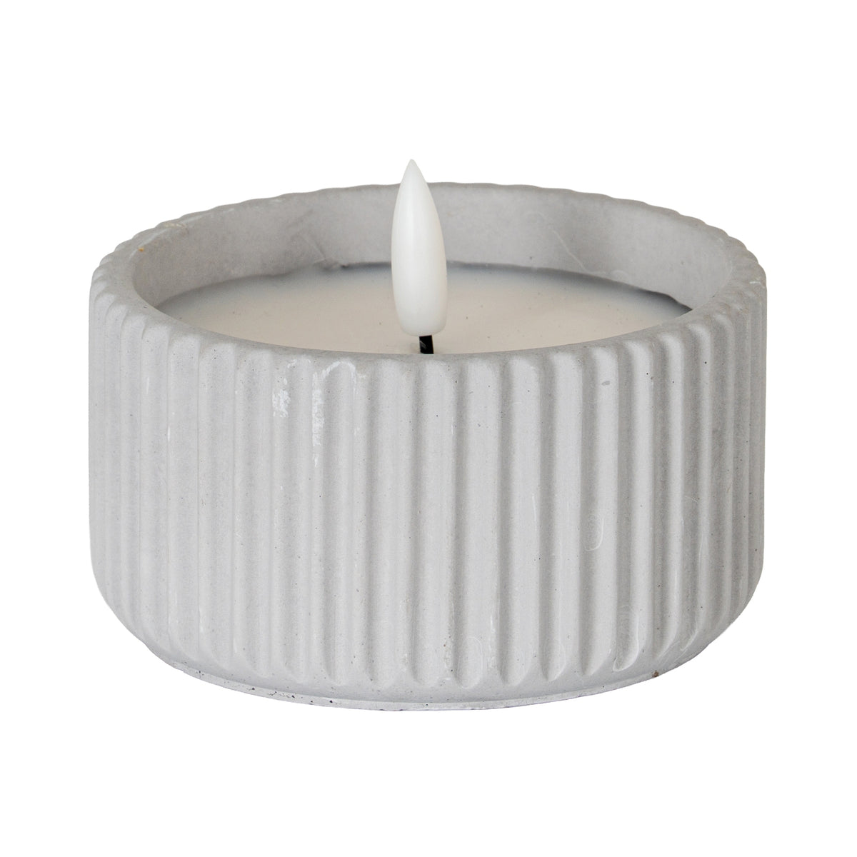 Small LED candle with pale grey ribbed sides, a recessed pale top and a white flame-shaped centre against a white background.