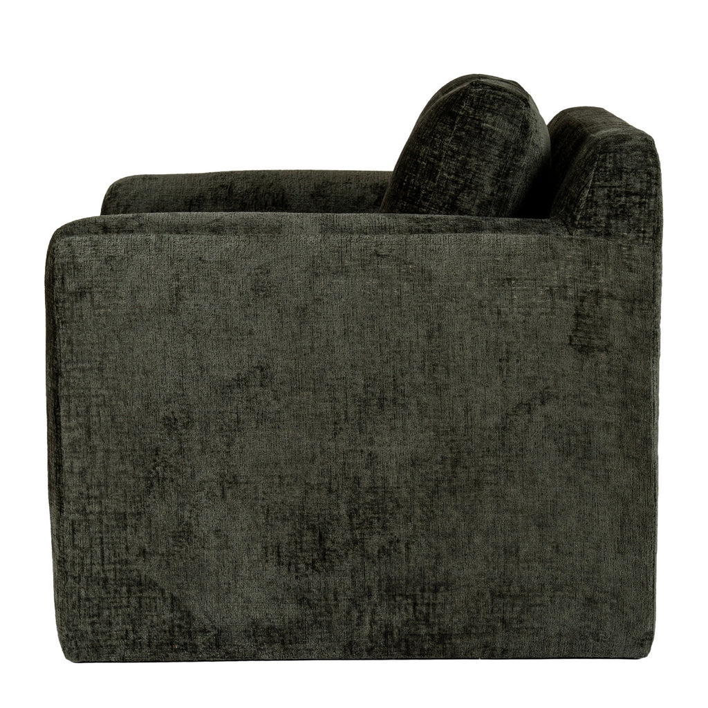 Side view of the olive-green armchair showing its deep side panel, rounded arm and angled back cushion.