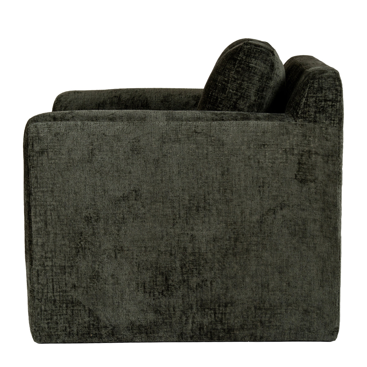 Side view of the olive-green armchair showing its deep side panel, rounded arm and angled back cushion.