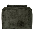 Rear view of the armchair showing the broad textured olive-green back with curved upper corners and the cushion rising above it.