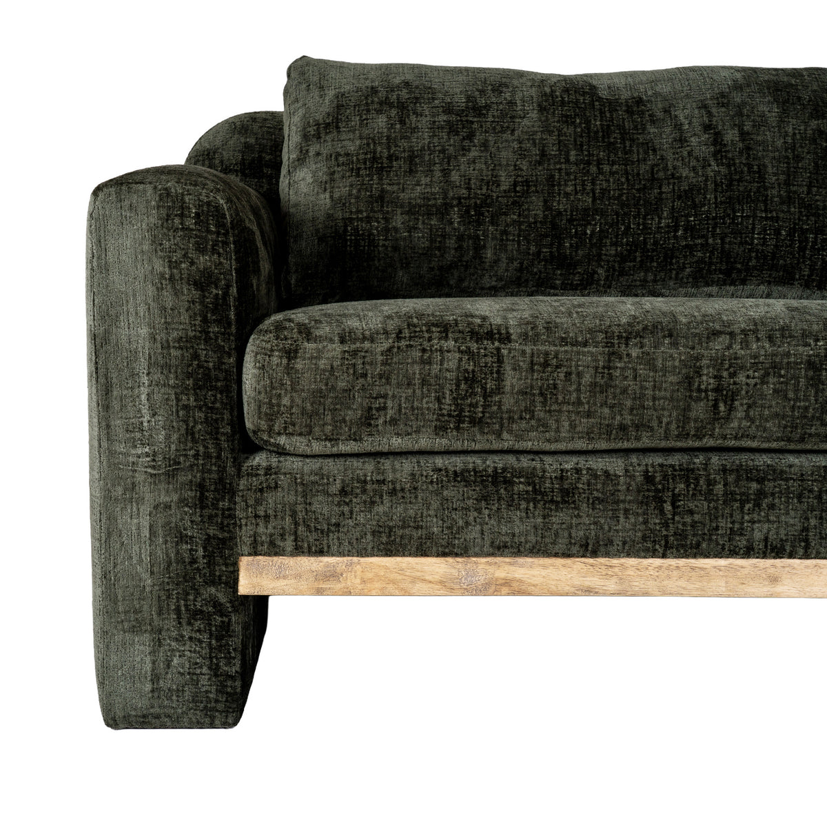 Close view of one front corner of the sofa, showing the broad arm, seat and back cushion beside the pale brown rail.