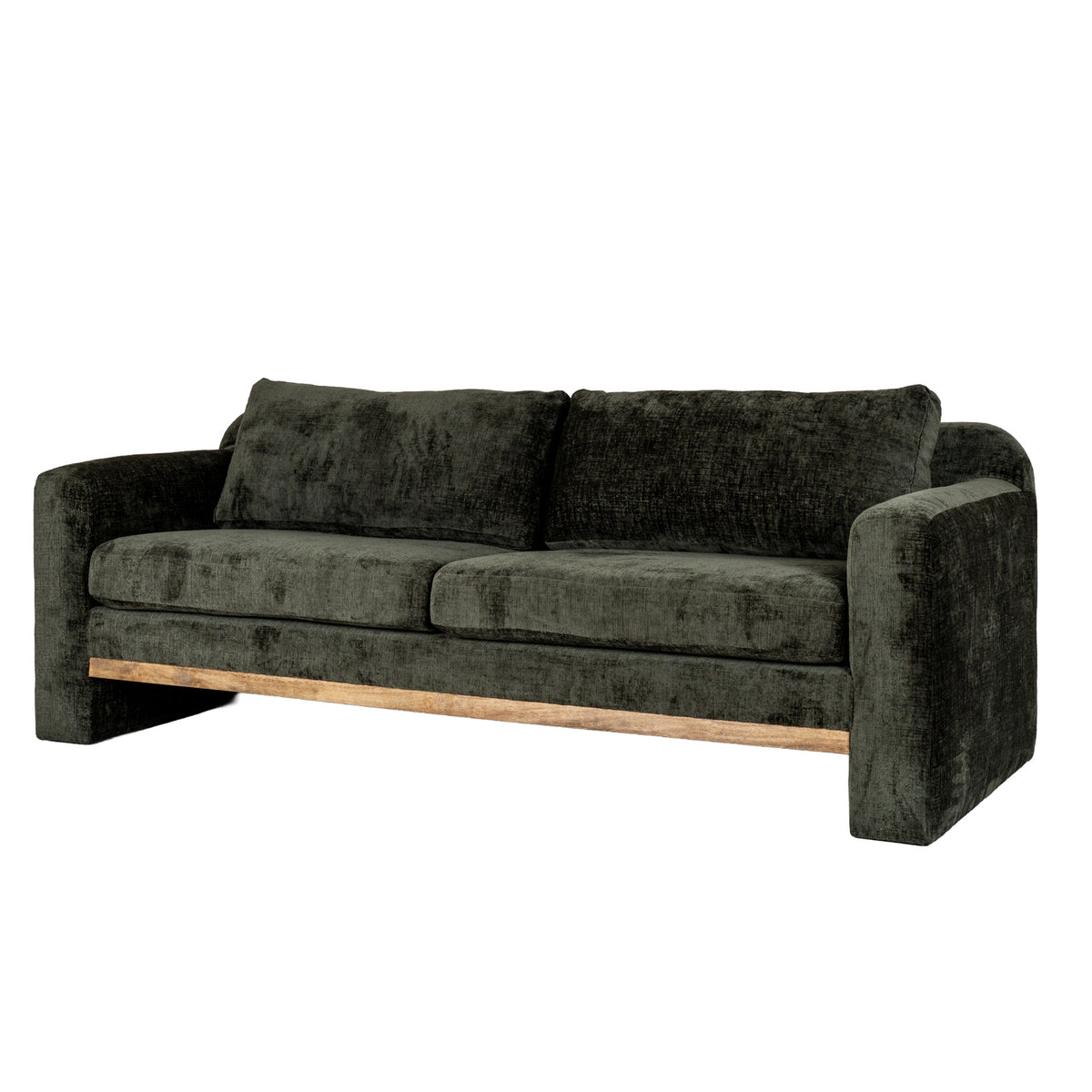 Angled front view of the dark olive-green Broadarm Rail Sofa, showing broad arms, paired cushions and a pale brown base rail.