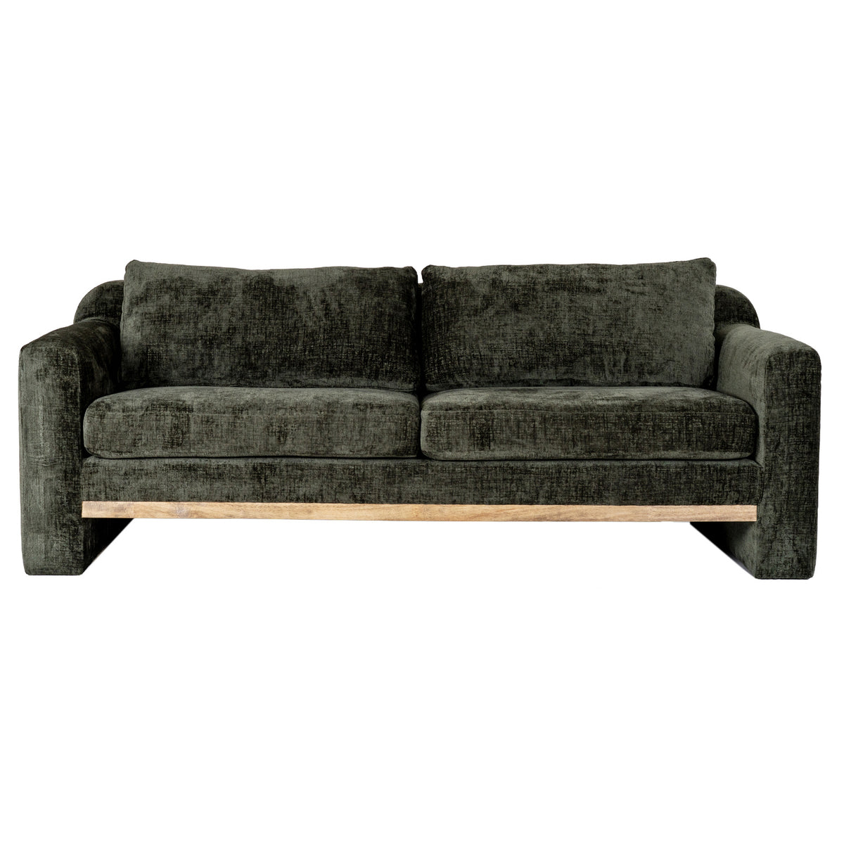 Straight-on view of the olive-green sofa with two seat cushions, two back cushions and a pale brown rail beneath the seat.