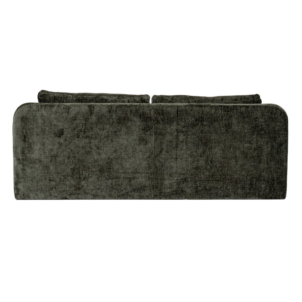 Rear view of the sofa's olive-green textured back, with the tops of two cushions visible above it.