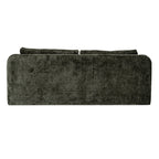 Rear view of the sofa's olive-green textured back, with the tops of two cushions visible above it.