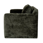 Side view of the sofa showing the broad textured olive-green arm and the back cushions rising above it.