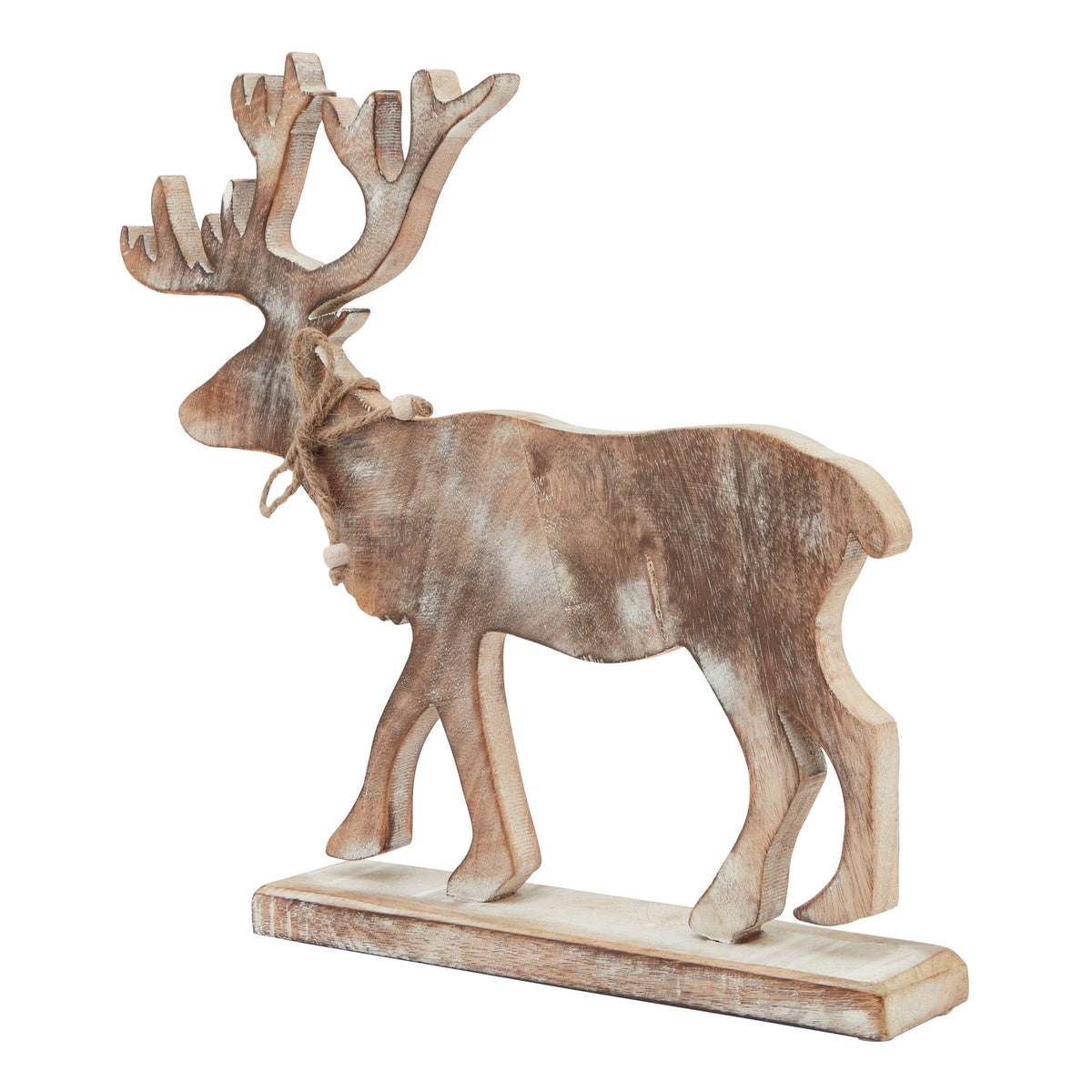 Full view of a broad-bodied brown stag ornament with pale distressed markings, branching antlers and a cord bow on a rectangular base.