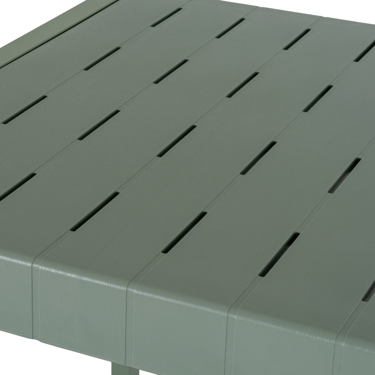 Close-up of the green-grey tabletop with broad parallel slats, staggered narrow slots and a fine linear texture.