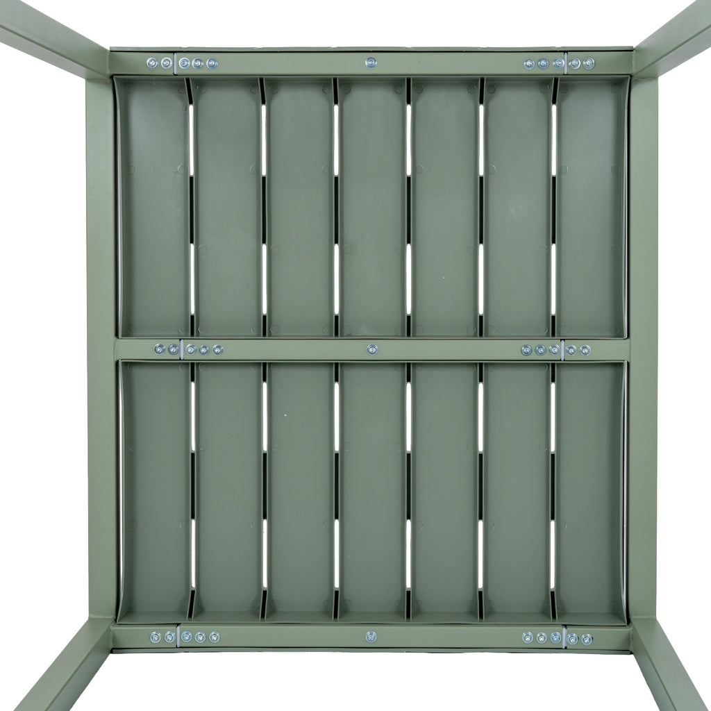 View beneath the green-grey dining table, showing the slatted top's underside, cross rails and rows of visible fasteners.