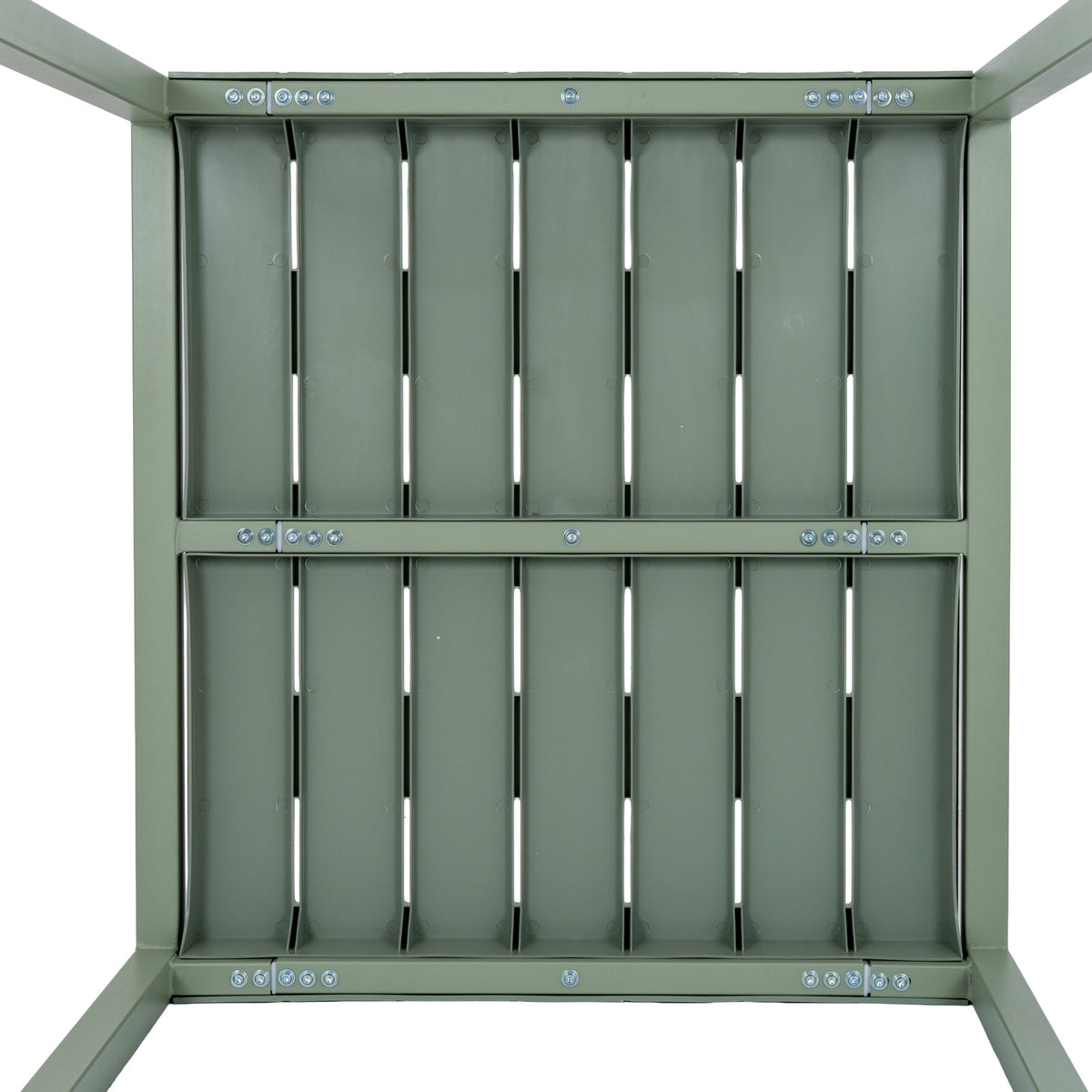 View beneath the green-grey dining table, showing the slatted top's underside, cross rails and rows of visible fasteners.
