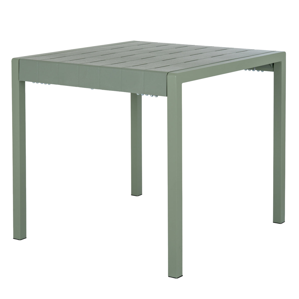 Green-grey dining table viewed at an angle, showing its broad slatted top, thick frame and four straight square legs.