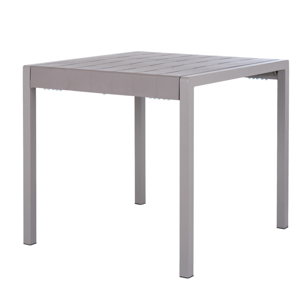 Grey dining table seen at an angle, with a broad slatted top, thick frame and four straight square legs.