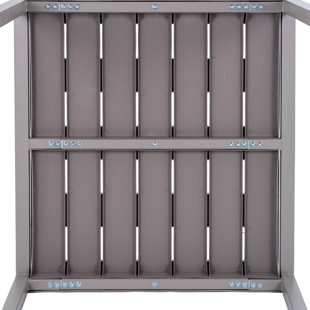 Underside of the grey table showing the backs of the slats, narrow openings, cross rails and rows of visible fasteners.
