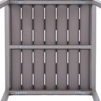 Underside of the grey table showing the backs of the slats, narrow openings, cross rails and rows of visible fasteners.
