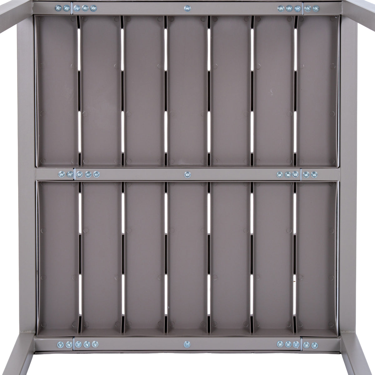 Underside of the grey table showing the backs of the slats, narrow openings, cross rails and rows of visible fasteners.