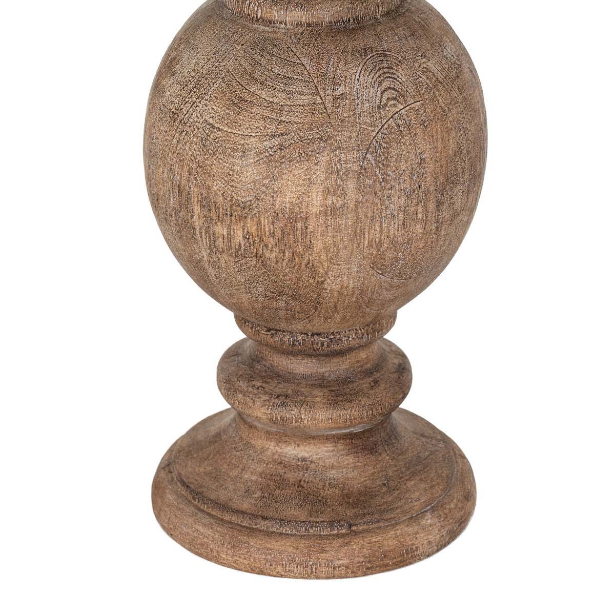 Close-up of the bulbous brown lamp base showing wood-grain markings, shaped lower collar and round foot.