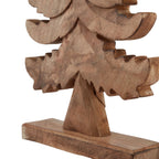 Close-up of the tree ornament's lower branches, tapered trunk and rectangular base, with varied brown markings across the surfaces.