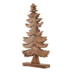 Brown standing tree ornament with sweeping curved branch tiers and a slim rectangular base, shown against white.