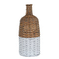 Woven bottle-shaped vase with a narrow brown neck, rounded brown shoulders and a white lower body, shown against a white background.